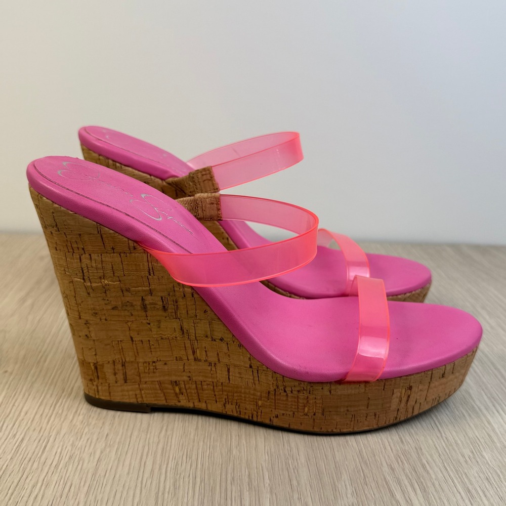 Jessica Simpson Hot Pink Lucite Cork Platform Wedge Sandals Womens 8M 38.5